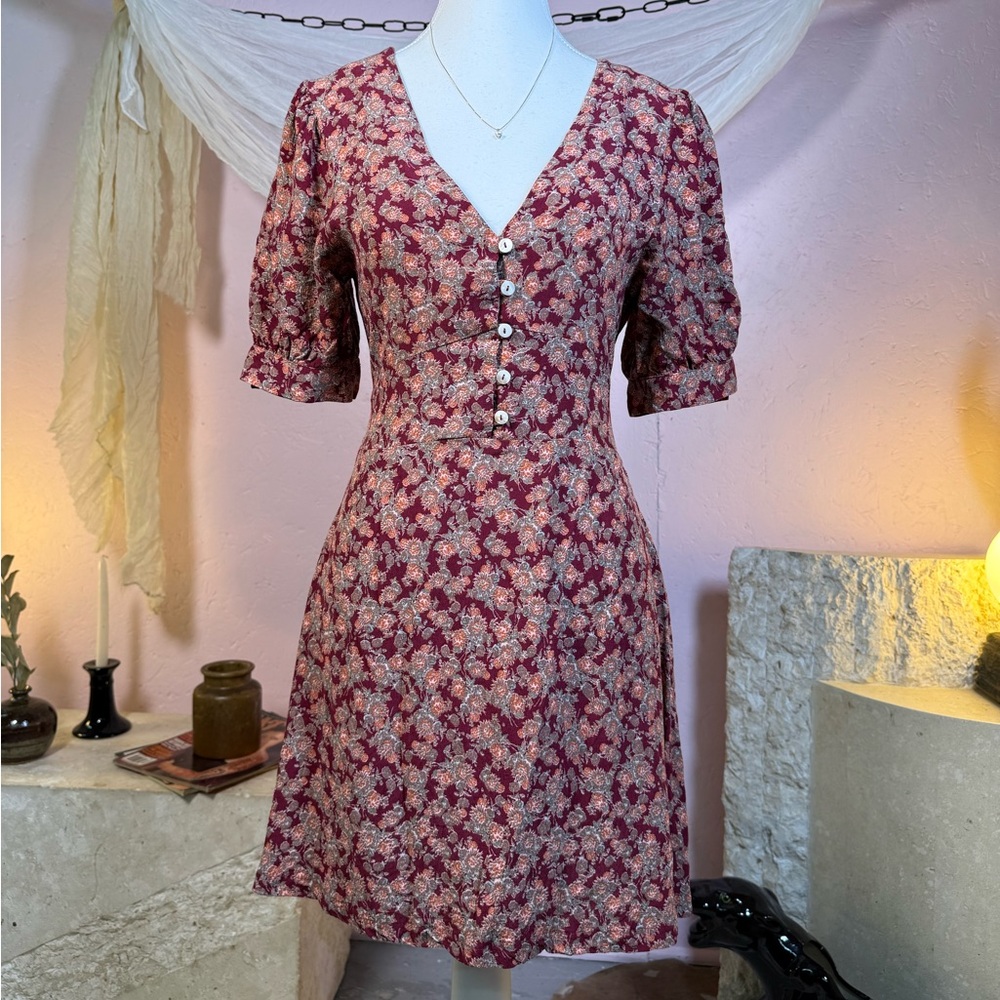 Free People Floral Mini Dress – Boho Cottagecore Button Front Dress Size Medium